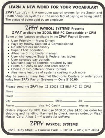Ad from 1984 for ZPAY ZDOS and the IBM PC